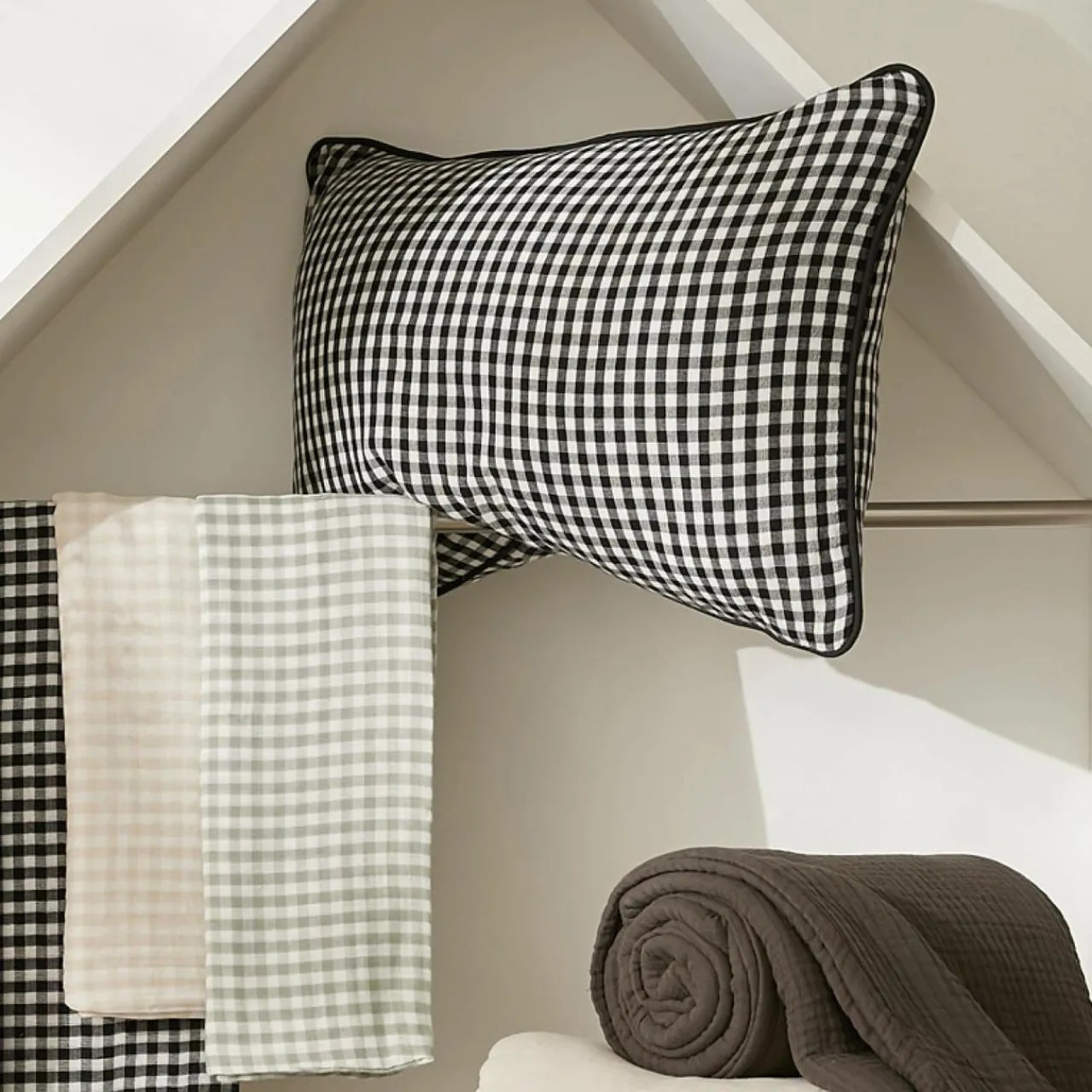 Taie D'Oreiller, Traversin|EMINZA Taie d'oreiller carrée gaze de coton (60 x 60 cm) Gaïa vichy Beige