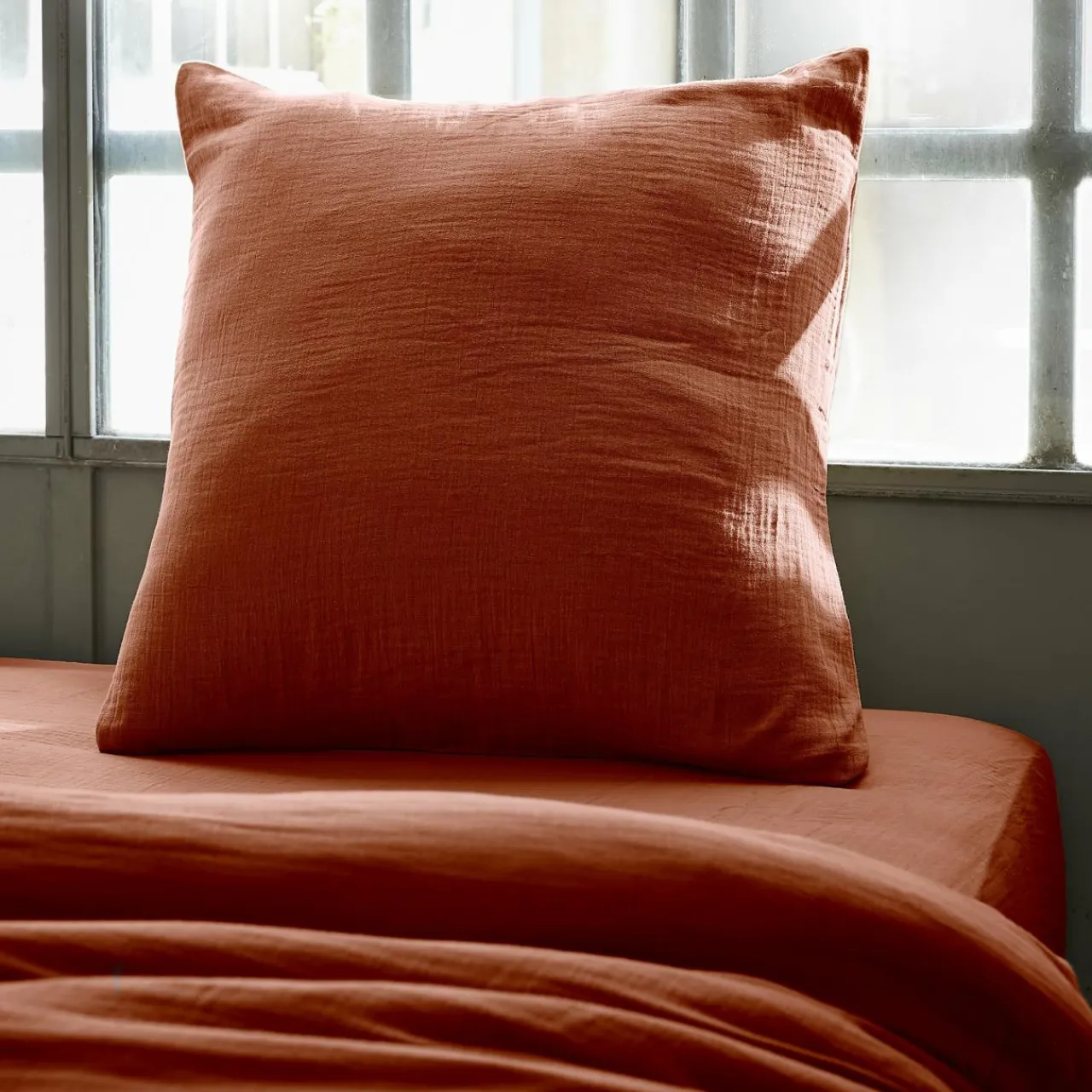 Taie D'Oreiller, Traversin|EMINZA Taie d'oreiller carrée gaze de coton (60 x 60 cm) Gaïa Terracotta