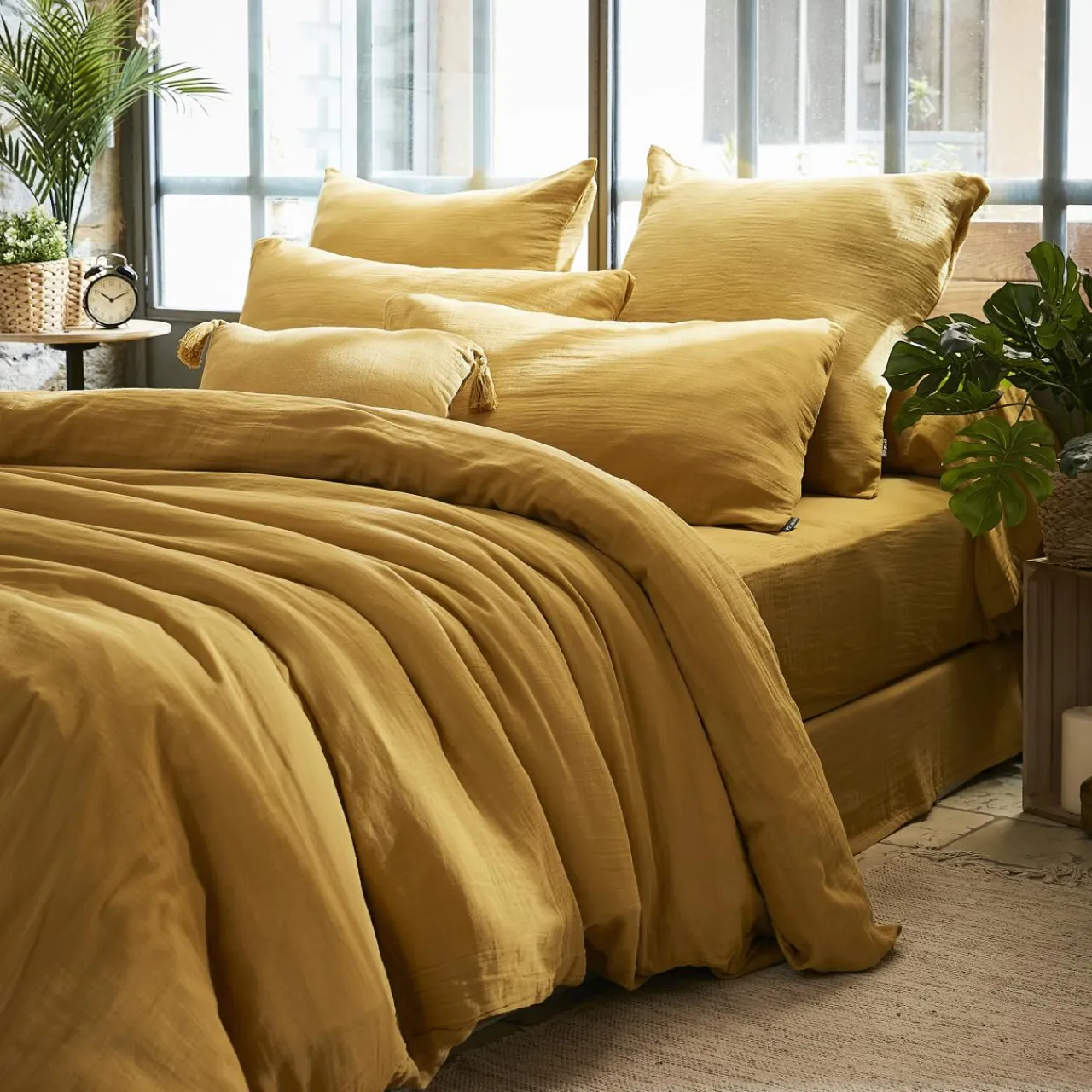 Taie D'Oreiller, Traversin|EMINZA Taie d'oreiller carrée gaze de coton (60 x 60 cm) Gaïa Jaune safran