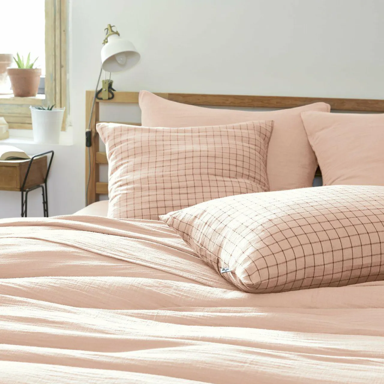 Taie D'Oreiller, Traversin|EMINZA Taie d'oreiller carrée gaze de coton (60 x 60 cm) Gaïa Mix Rose poudré