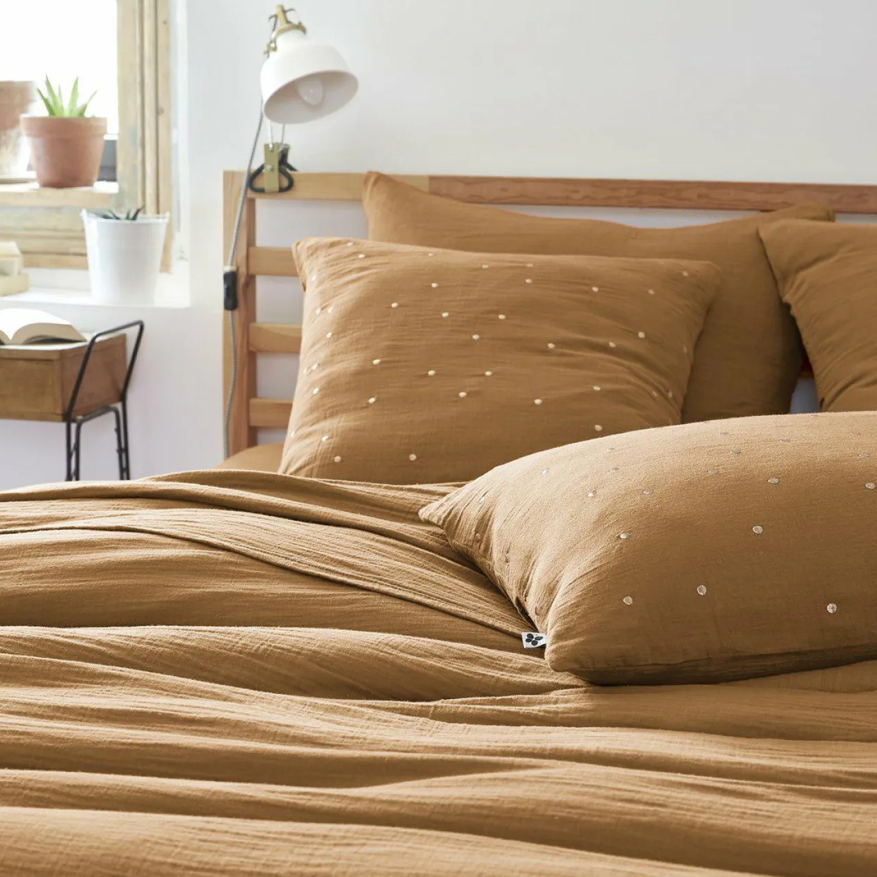 Taie D'Oreiller, Traversin|EMINZA Taie d'oreiller carrée gaze de coton (60 x 60 cm) Gaïa Chic Camel