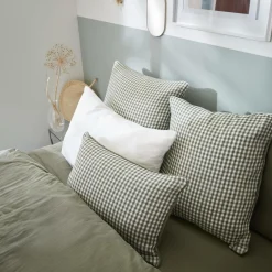 Taie D'Oreiller, Traversin|EMINZA Taie d'oreiller carrée gaze de coton (80 x 80 cm) Gaïa Vichy Vert romarin Vichy romarin