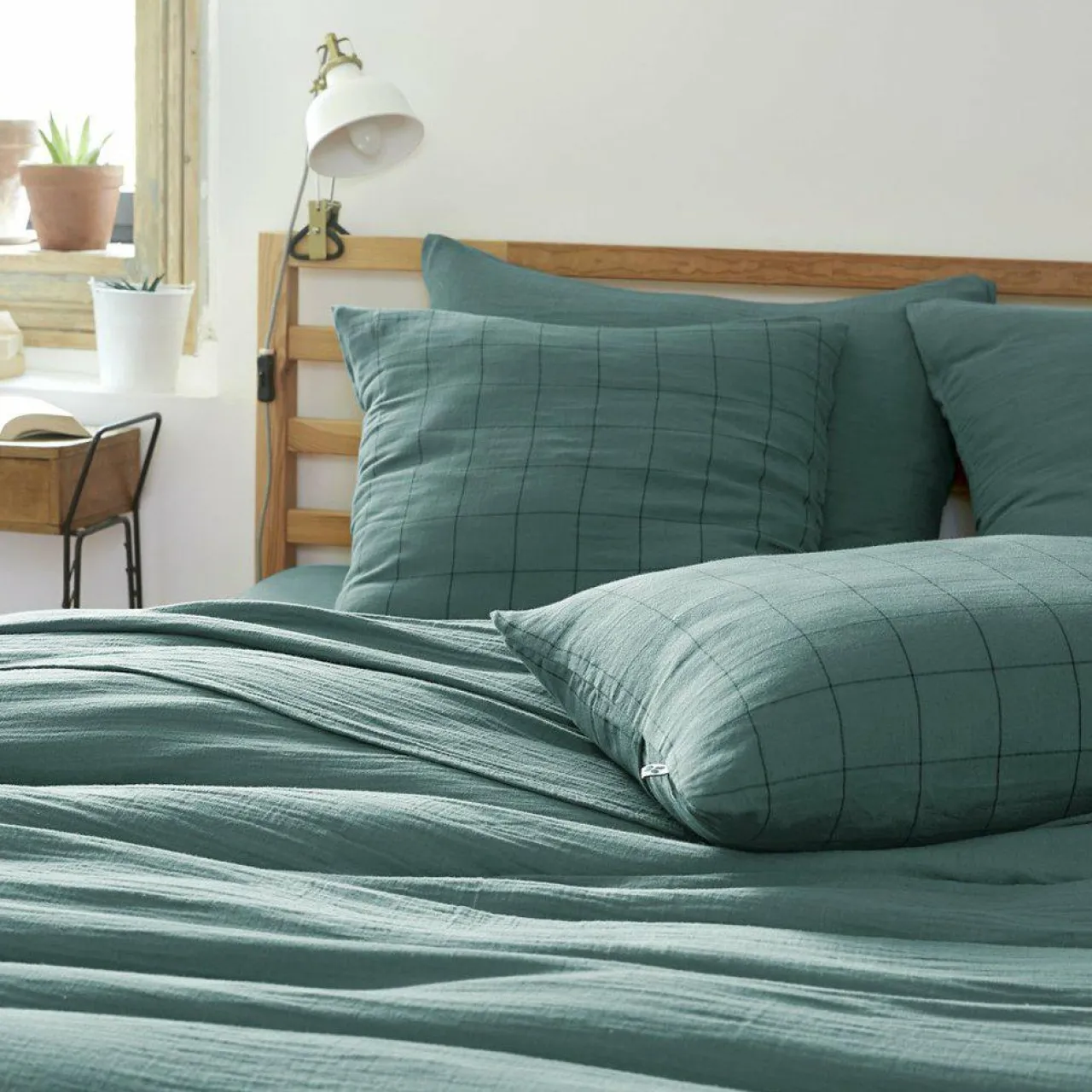 Taie D'Oreiller, Traversin|EMINZA Taie d'oreiller carrée gaze de coton (60 x 60 cm) Gaïa Match Bleu canard