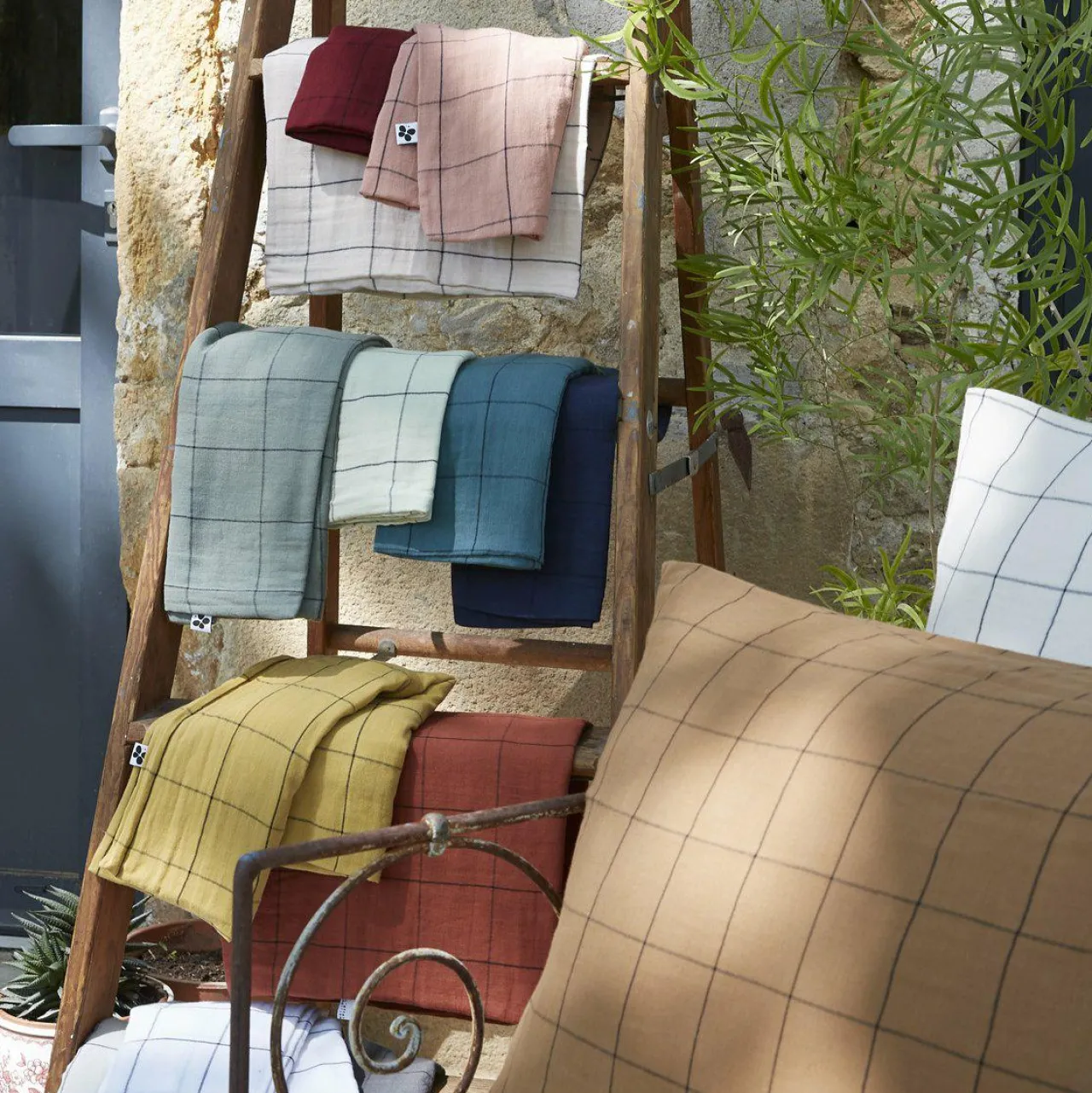 Taie D'Oreiller, Traversin|EMINZA Taie d'oreiller carrée gaze de coton (60 x 60 cm) Gaïa Match Bleu canard