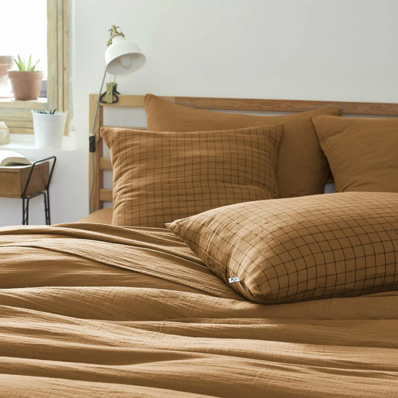 Taie D'Oreiller, Traversin|EMINZA Taie d'oreiller carrée gaze de coton (60 x 60 cm) Gaïa Mix Camel