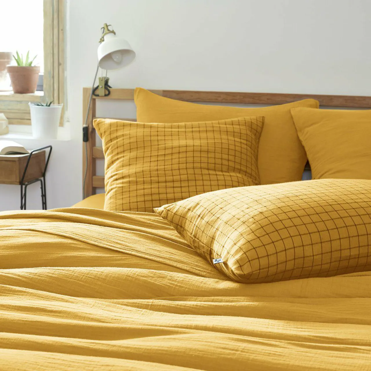 Taie D'Oreiller, Traversin|EMINZA Taie d'oreiller carrée gaze de coton (60 x 60 cm) Gaïa Mix Jaune safran