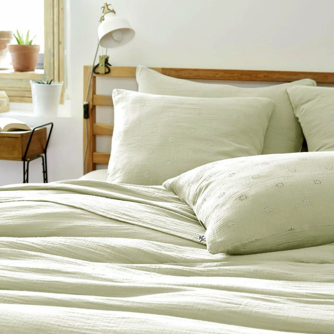 Taie D'Oreiller, Traversin|EMINZA Taie d'oreiller carrée gaze de coton (60 x 60 cm) Gaïa Boho Vert tilleul