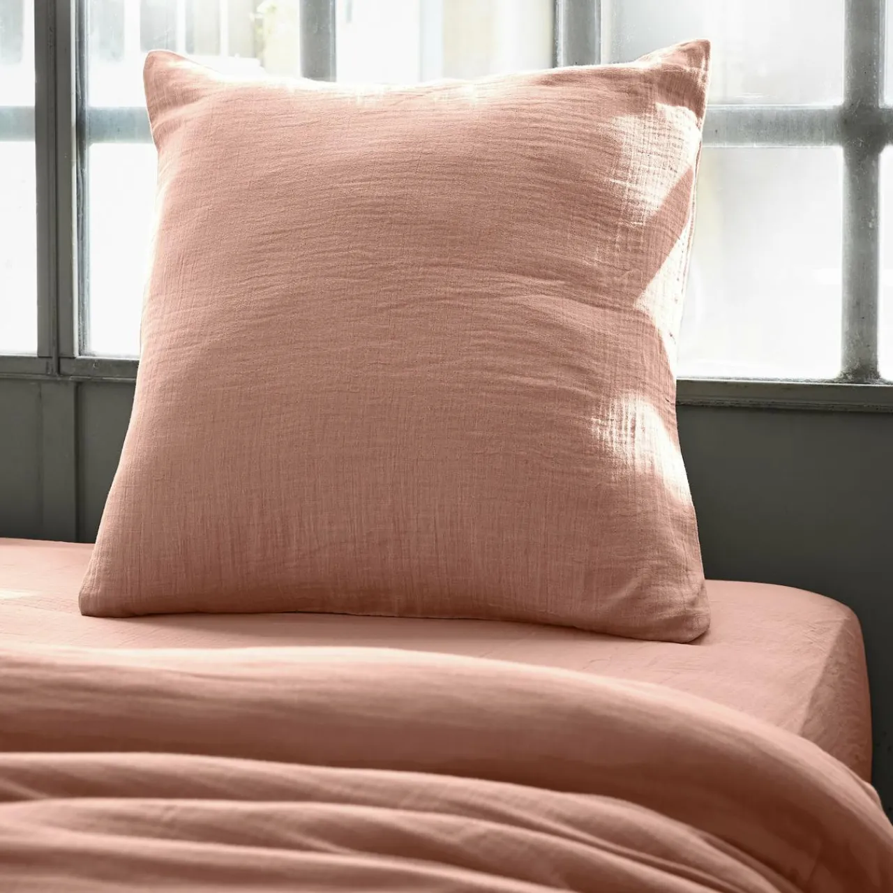 Taie D'Oreiller, Traversin|EMINZA Taie d'oreiller carrée gaze de coton (60 x 60 cm) Gaïa Rose Pêche