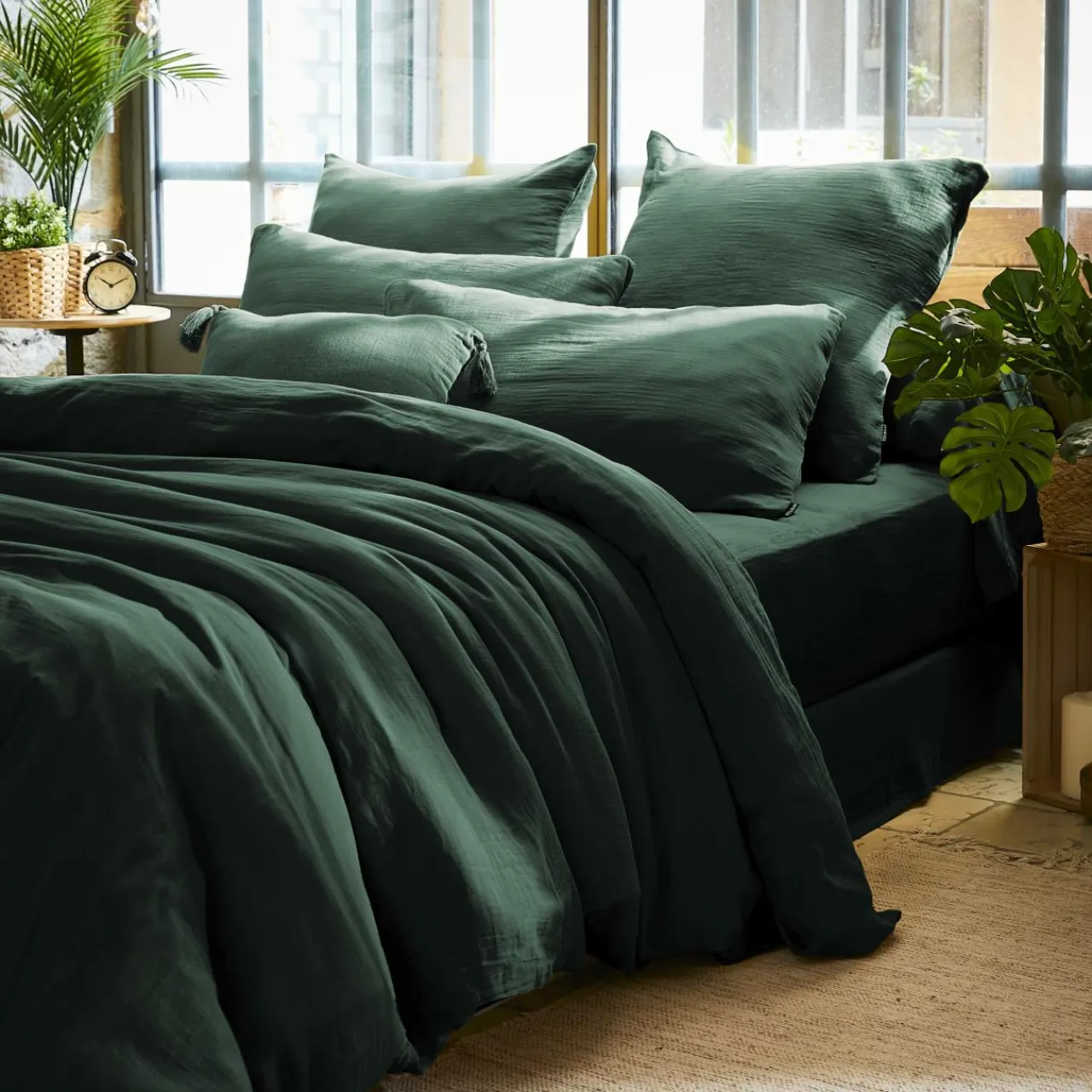 Taie D'Oreiller, Traversin|EMINZA Taie d'oreiller carrée gaze de coton (80 x 80 cm) Gaïa Vert sapin