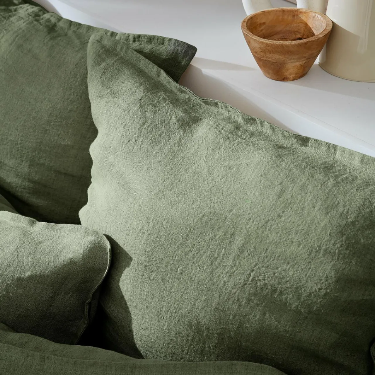 Taie D'Oreiller, Traversin|EMINZA Taie d'oreiller carrée lin lavé (80 x 80 cm) Louise Vert romarin