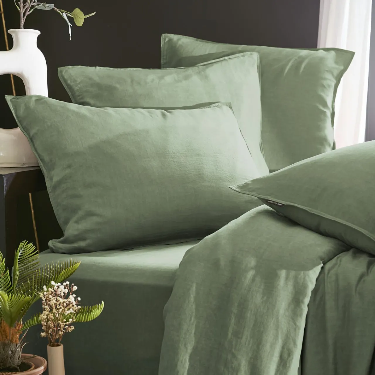 Taie D'Oreiller, Traversin|EMINZA Taie d'oreiller carrée lyocell Tencel™ lavé (63 x 63 cm) Olivia Vert romarin