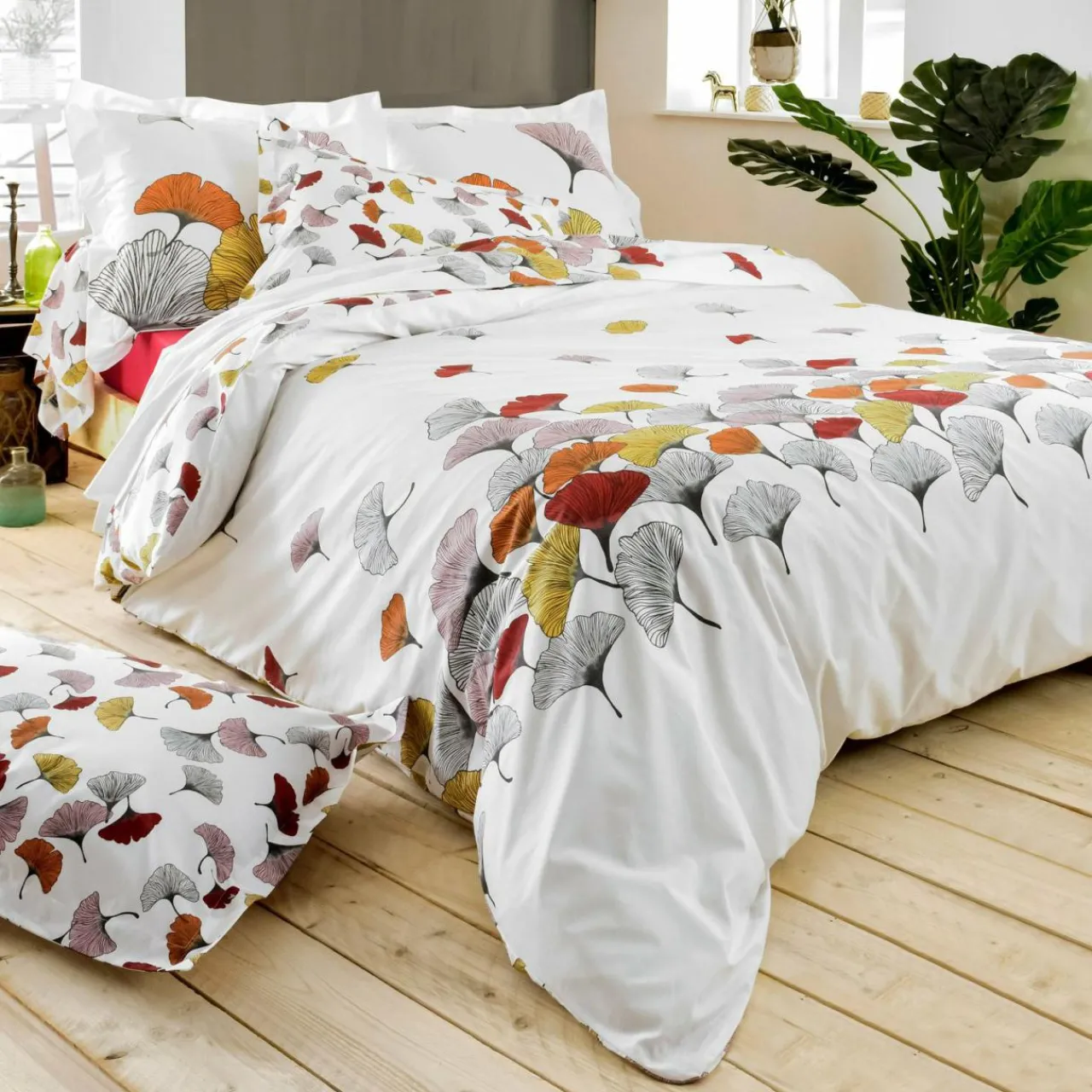 Taie D'Oreiller, Traversin|TRADI LINGE Taie d'oreiller carrée percale de coton (65 x 65 cm) Ginkgo Multicolore