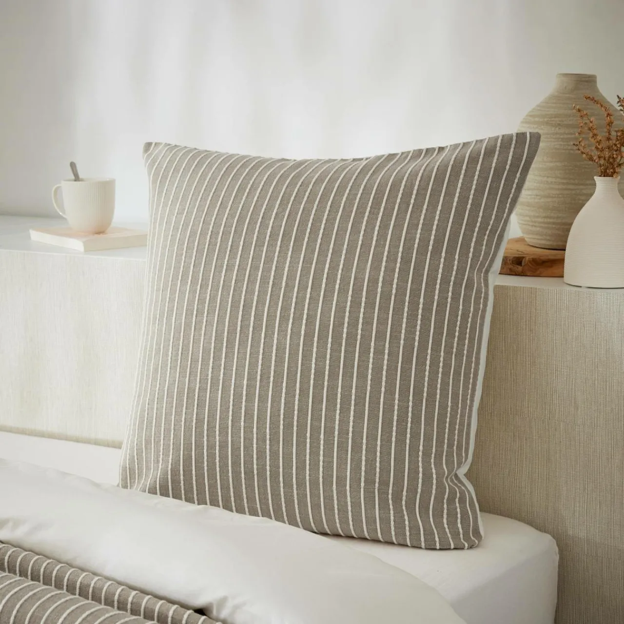 Taie D'Oreiller, Traversin|EMINZA Taie d'oreiller carrée réversible coton texturé et percale (60 x 60 cm) Alice Ecru