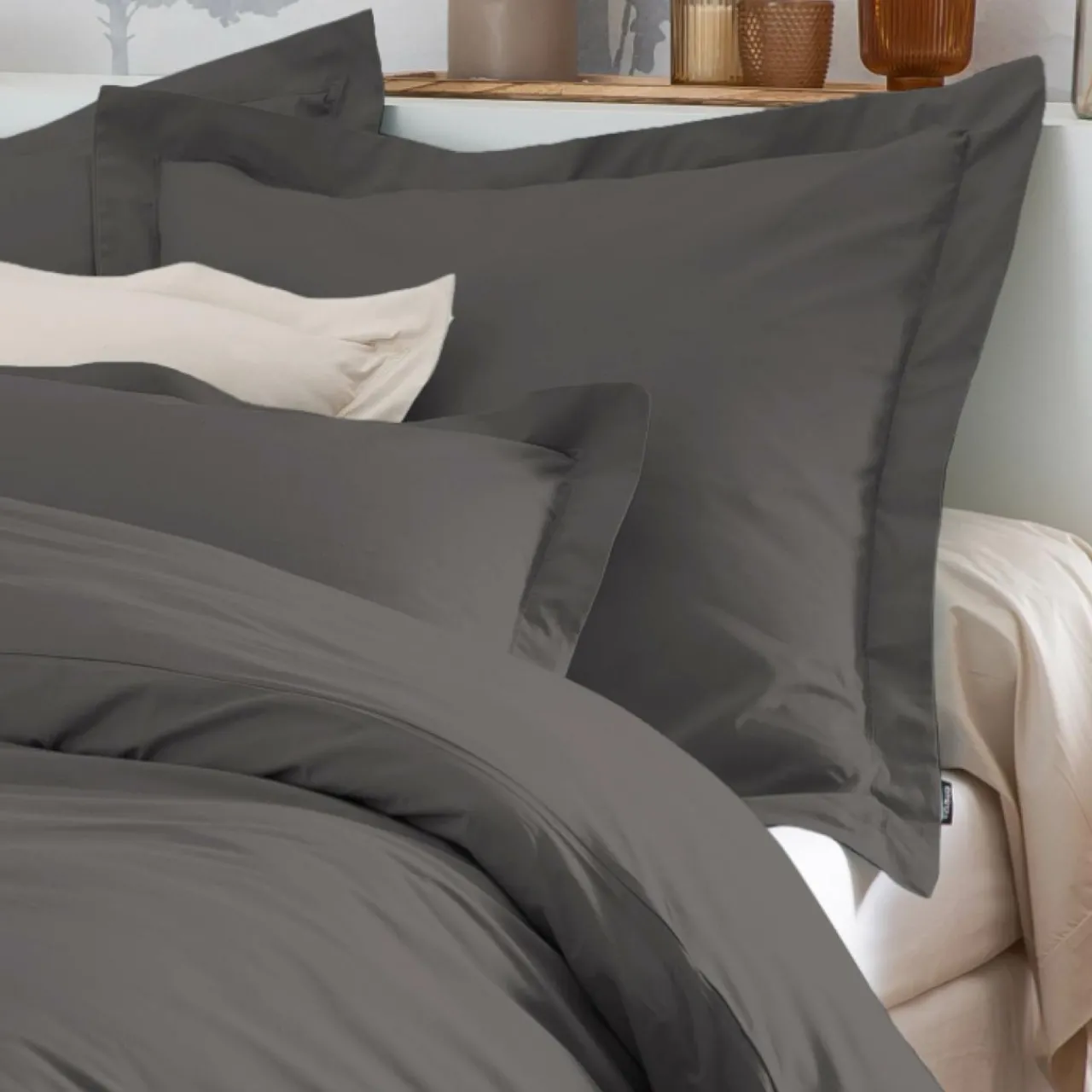 Taie D'Oreiller, Traversin|EMINZA Taie d'oreiller rectangulaire percale de coton (80 cm) Cali Gris Anthracite
