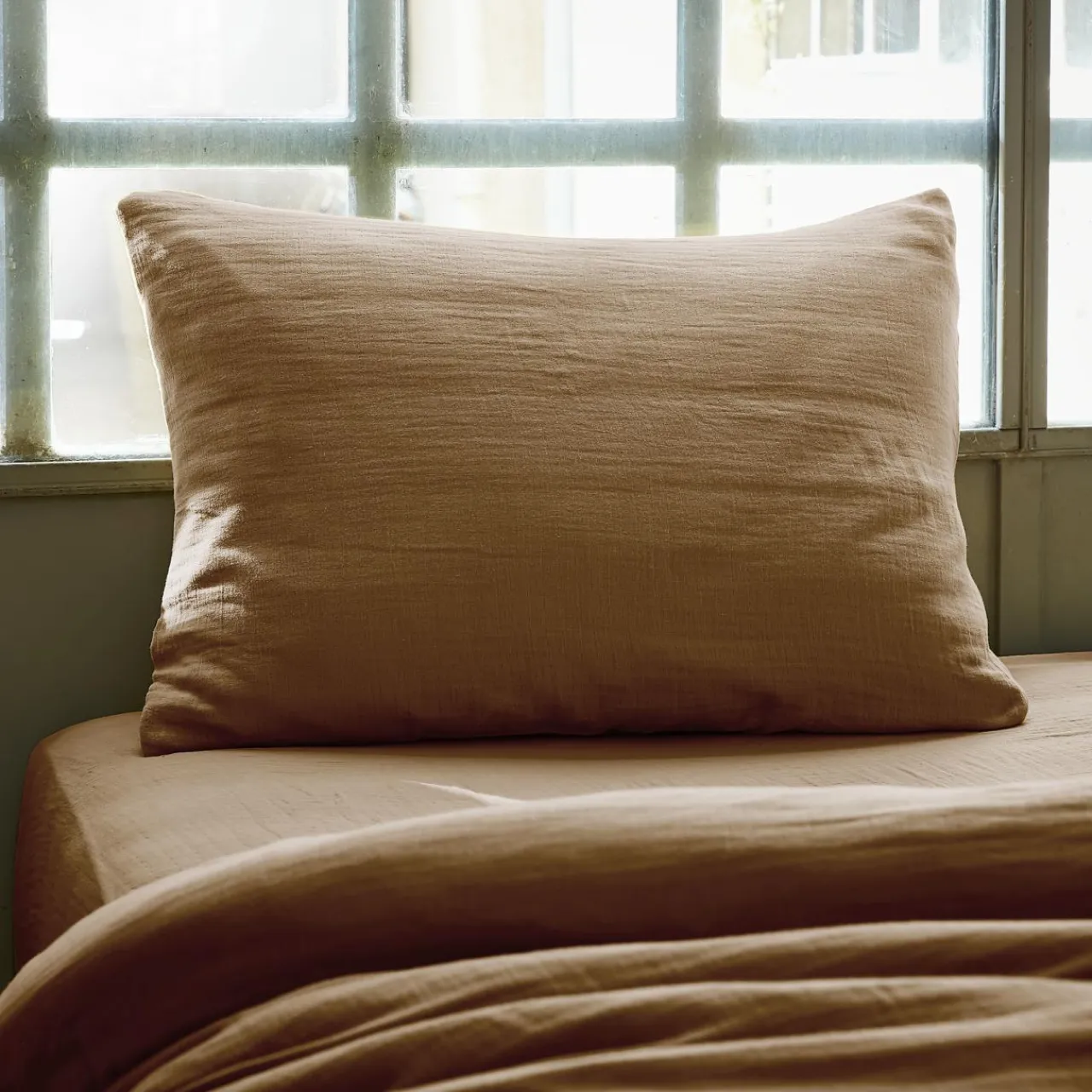 Taie D'Oreiller, Traversin|EMINZA Taie d'oreiller rectangulaire gaze de coton (50 x 70 cm) Gaïa Camel