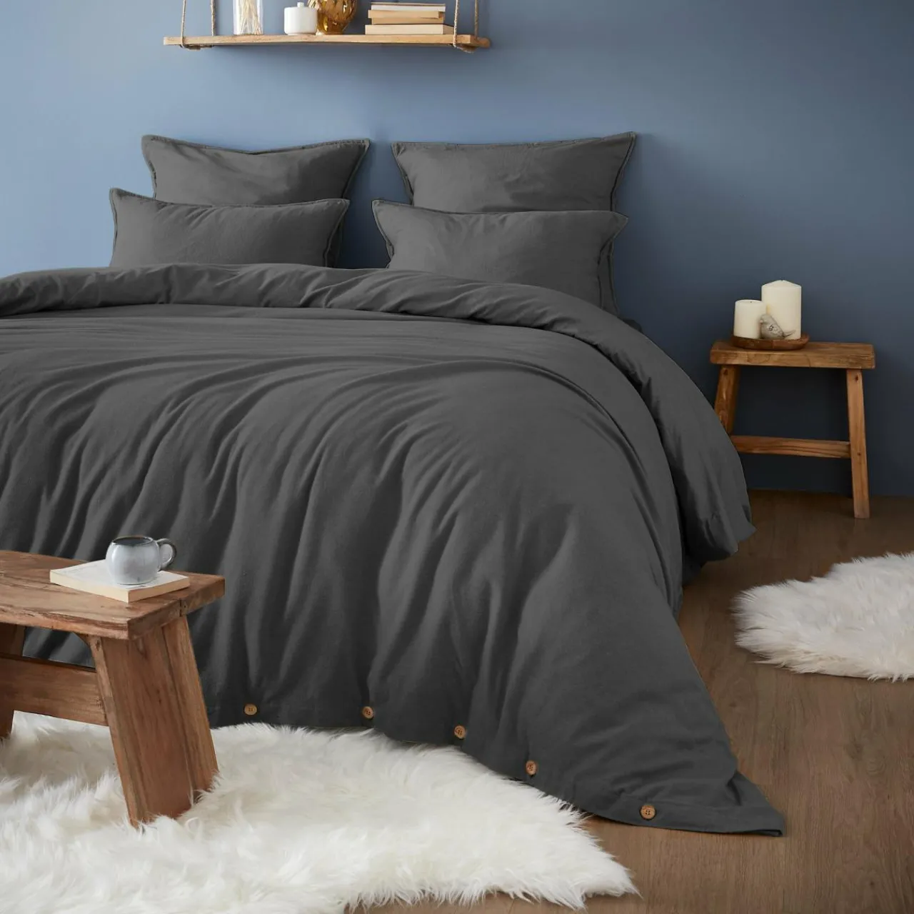 Taie D'Oreiller, Traversin|EMINZA Taie d'oreiller rectangulaire flanelle de coton (50 x 70 cm) Théa Gris Anthracite