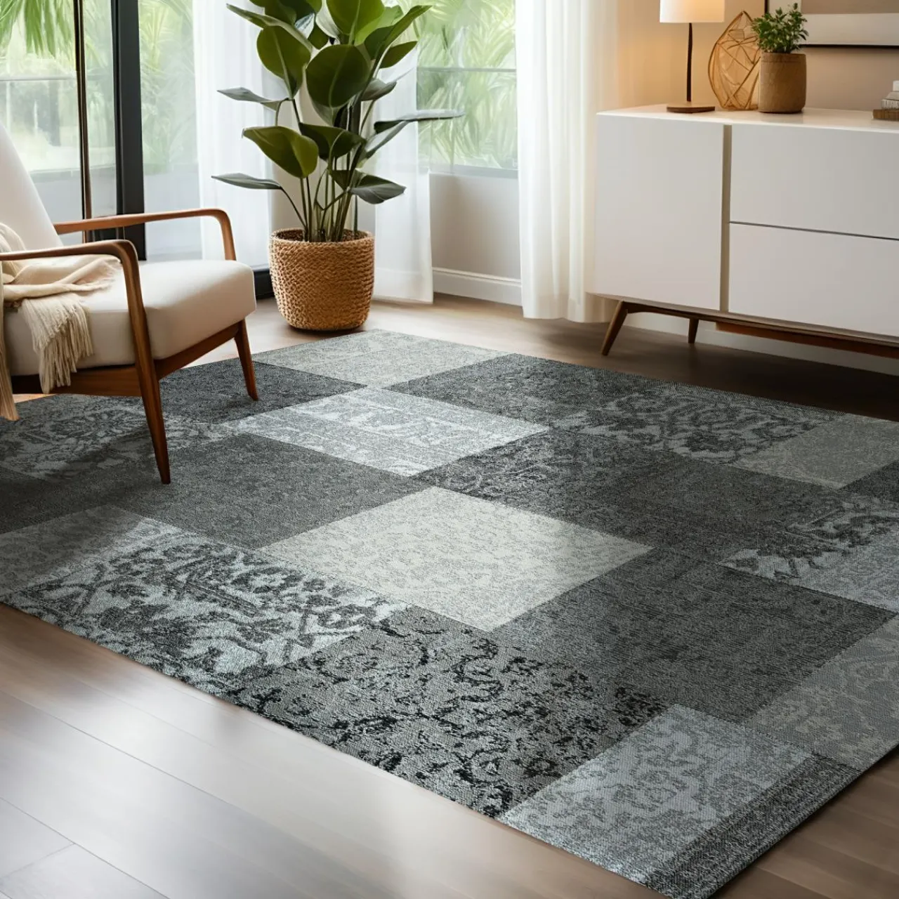 Tapis De Chambre/Salon|EMINZA Tapis de salon rectangulaire jacquard (140 x 200 cm) Rishi et gris Noir