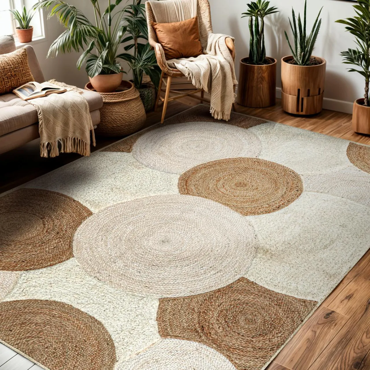 Tapis De Chambre/Salon|EMINZA Tapis de salon rectangulaire jute tressée main (140 x 200 cm) Reina Beige