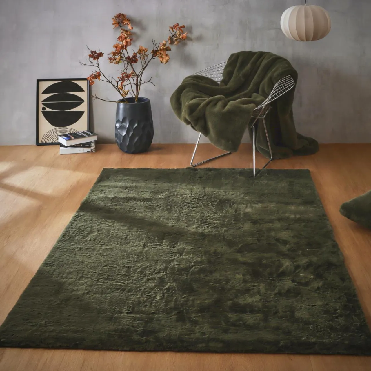 Tapis De Chambre/Salon|EMINZA Tapis rectangulaire fausse fourrure (140 x 200 cm) Finn Vert kaki