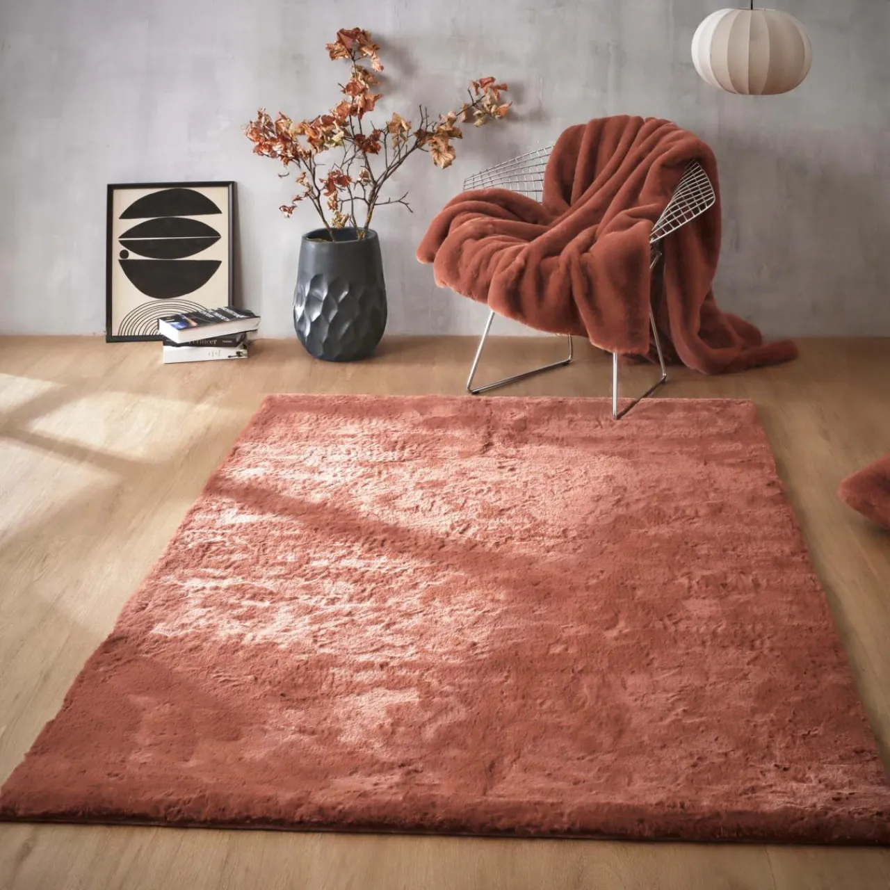 Tapis De Chambre/Salon|EMINZA Tapis rectangulaire fausse fourrure (140 x 200 cm) Finn Terracotta