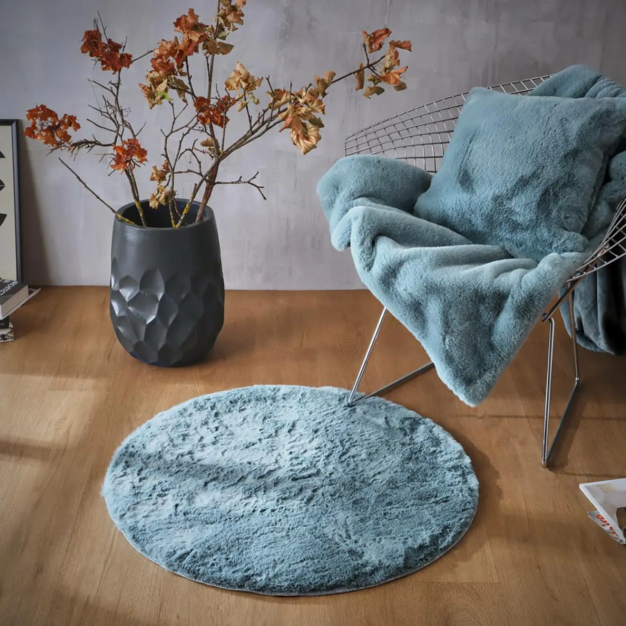 Tapis De Chambre/Salon|EMINZA Tapis rond fausse fourrure (80 cm) Finn Bleu