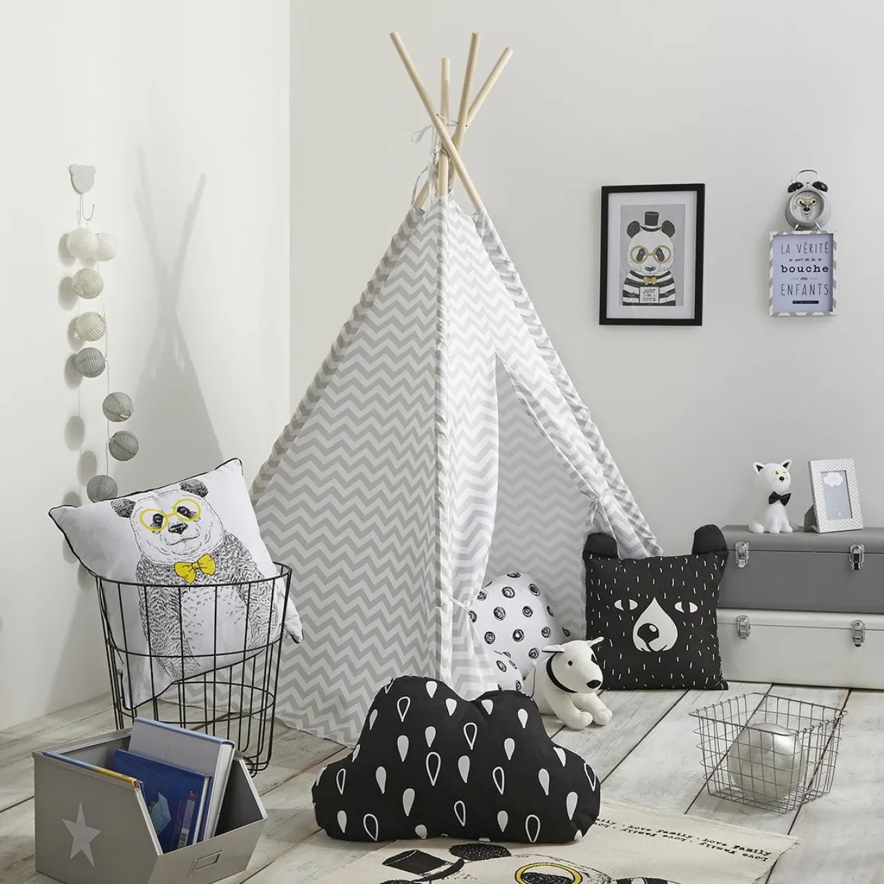 Tipi Et Cabane|Petit Meuble Enfant|Atmosphera createur d'interieur for kids Tipi enfant bois et tissu (H160 cm) Twin Gris