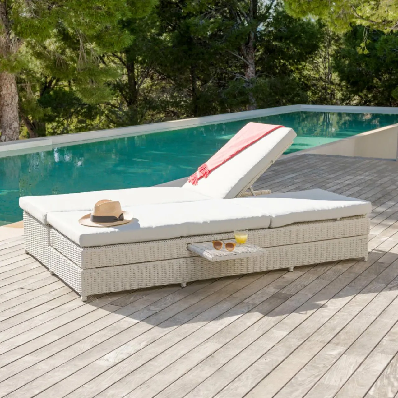 Transat|MOBELLIA Transat double en résine tressée - Canapé de jardin Calvi et gris clair Blanc