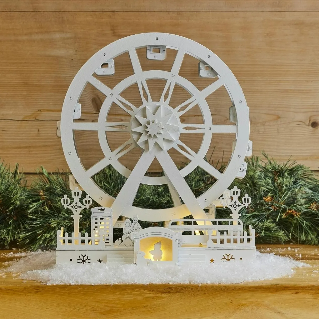 Village De Noël En Bois|KOOPMAN Village de Noël en bois lumineux et animé (H30 cm) Roue Enchantée de Noël Blanc