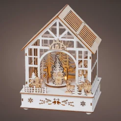 Village De Noël En Bois|Déco Et Objet Lumineux|KAEMINGK Village de Noël en bois lumineux, musical et animé à piles (18 x 24 cm) Jardin d’hiver Naturel