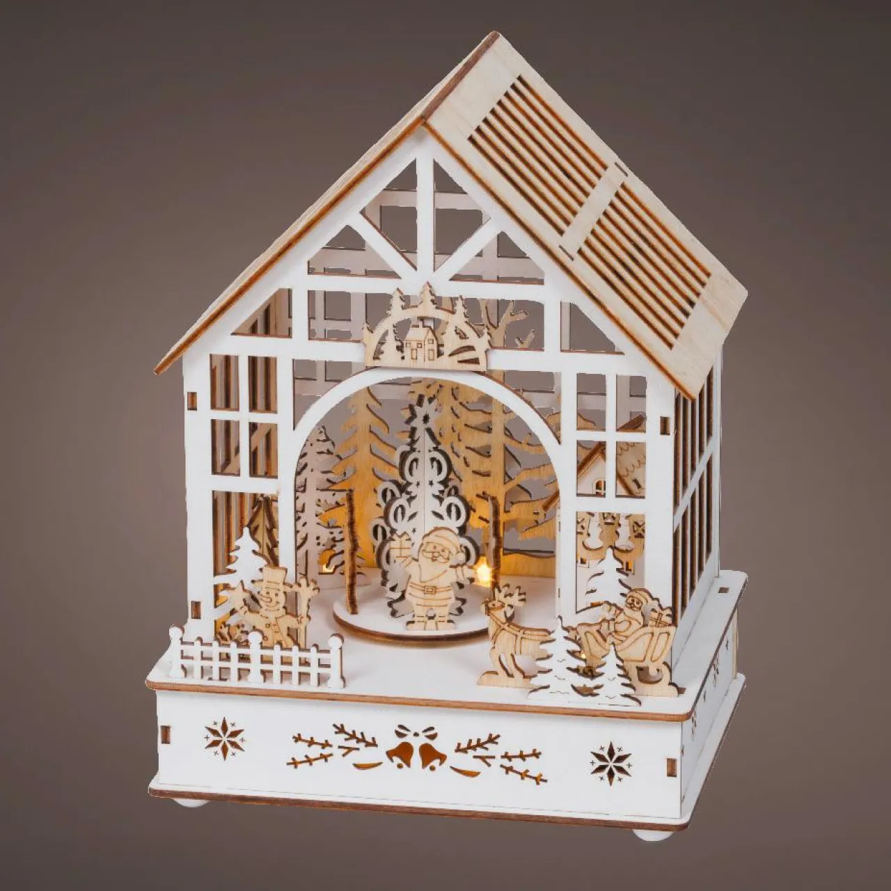 Village De Noël En Bois|Déco Et Objet Lumineux|KAEMINGK Village de Noël en bois lumineux, musical et animé à piles (18 x 24 cm) Jardin d’hiver Naturel