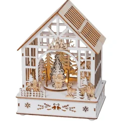 Village De Noël En Bois|Déco Et Objet Lumineux|KAEMINGK Village de Noël en bois lumineux, musical et animé à piles (18 x 24 cm) Jardin d’hiver Naturel
