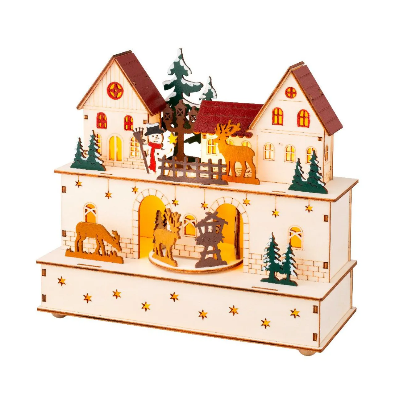 Village De Noël En Bois|KAEMINGK Village de Noël en bois lumineux et musical à piles (24 x H21 cm) Village et animaux