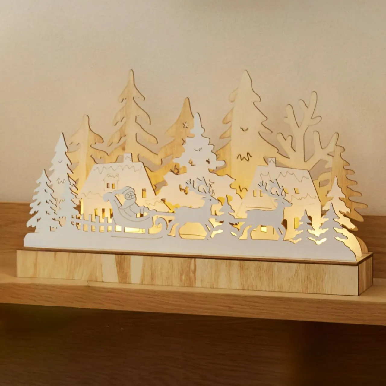Village De Noël En Bois|Déco Et Objet Lumineux|KAEMINGK Village de Noël en bois lumineux à piles (30 x 18 cm) Pôle Nord Naturel