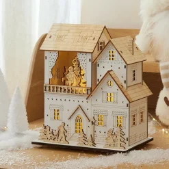 Village De Noël En Bois|Déco Et Objet Lumineux|KAEMINGK Village de Noël en bois lumineux animé et musical à piles (H22 cm) Pavillon festif Naturel