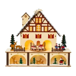 Village De Noël En Bois|KAEMINGK Village de Noël en bois lumineux et musical à piles (27 x H24 cm) Chalet Suisse Coloré