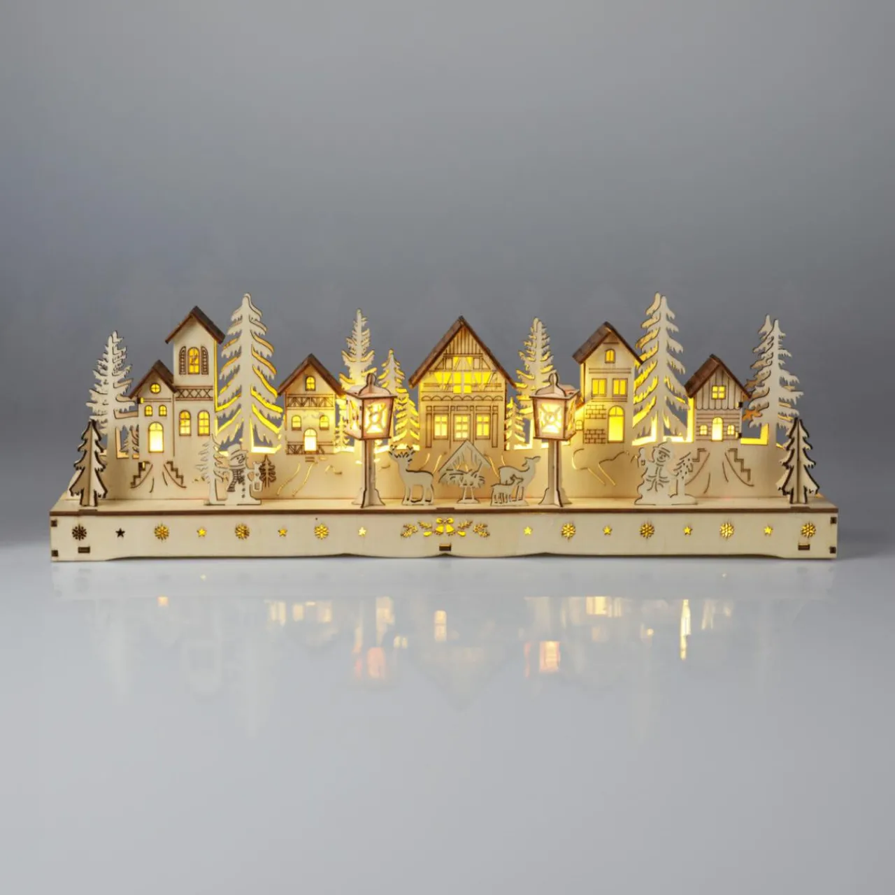 Village De Noël En Bois|KOOPMAN Village de Noël en bois lumineux à piles (45 x H15 cm) Square enchanté Naturel