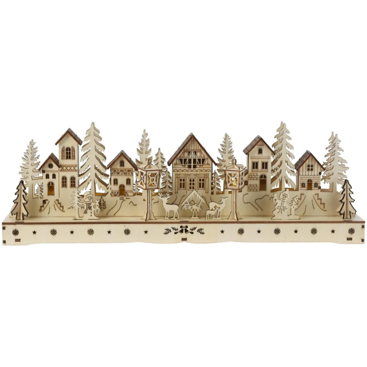 Village De Noël En Bois|KOOPMAN Village de Noël en bois lumineux à piles (45 x H15 cm) Square enchanté Naturel