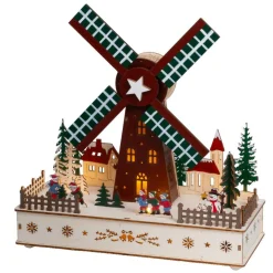 Village De Noël En Bois|KAEMINGK Village de Noël en bois lumineux, animé et musical à piles (H29 cm) Moulin à vent Multicolore