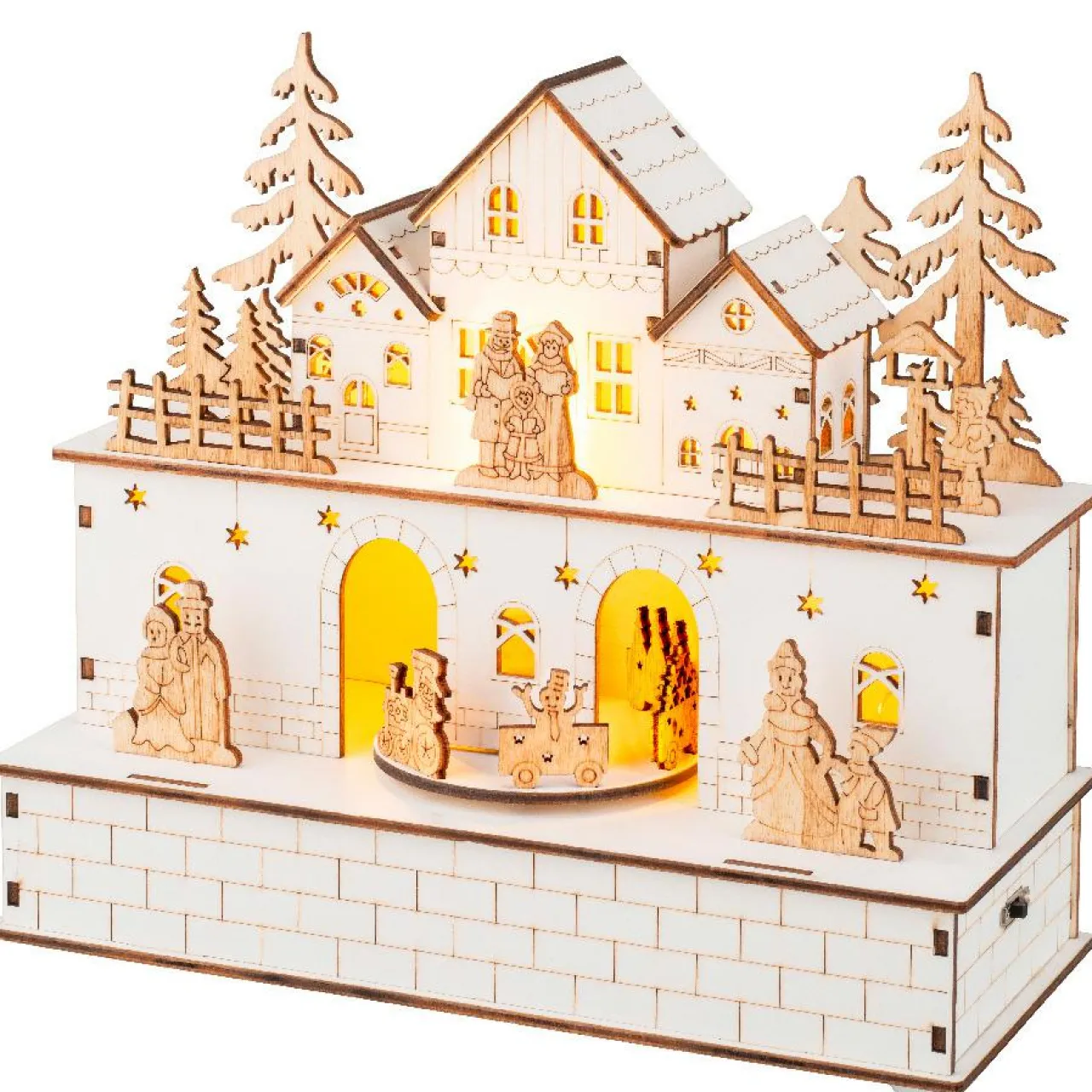 Village De Noël En Bois|KAEMINGK Village de Noël en bois lumineux et musical à piles (21 x H24 cm) Villageois en fête
