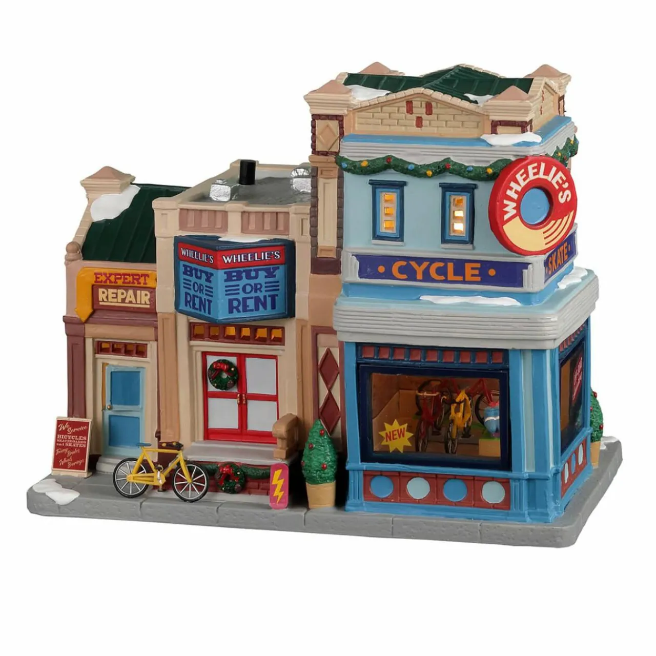 Village De Noël Lemax|LEMAX Village de Noël lumineux Boutique de vélos et de patins à roulettes