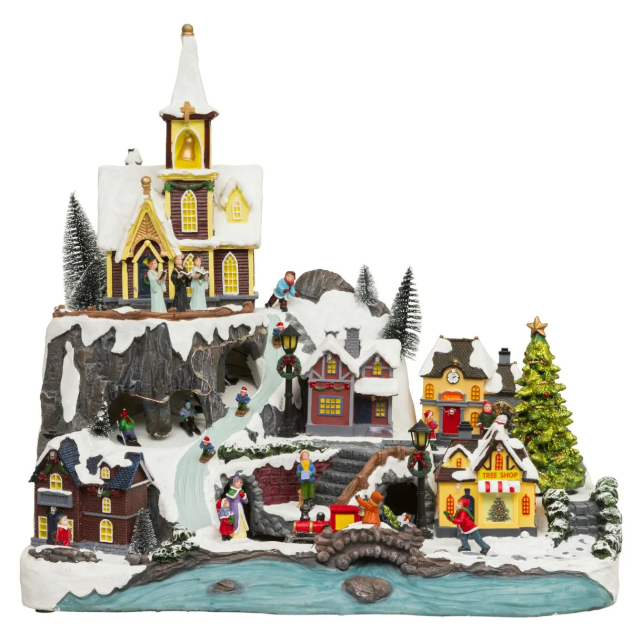 Village De Noël Lumineux|JJA Village de Noël lumineux animé et musical (H45 cm) Grande église et train Multicolore