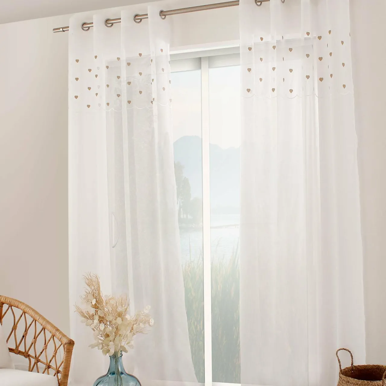 Voilage|ENJOY HOME Voilage œillets (140 x 240 cm) Coeurs Beige