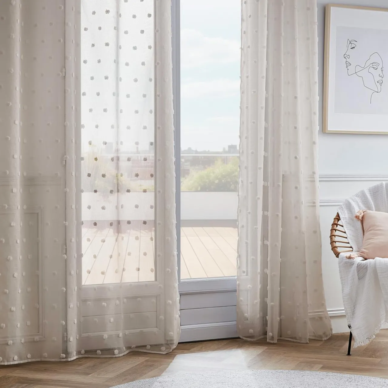 Voilage|EMINZA Voilage oeillets pompons (140 x 240 cm) Emie Beige