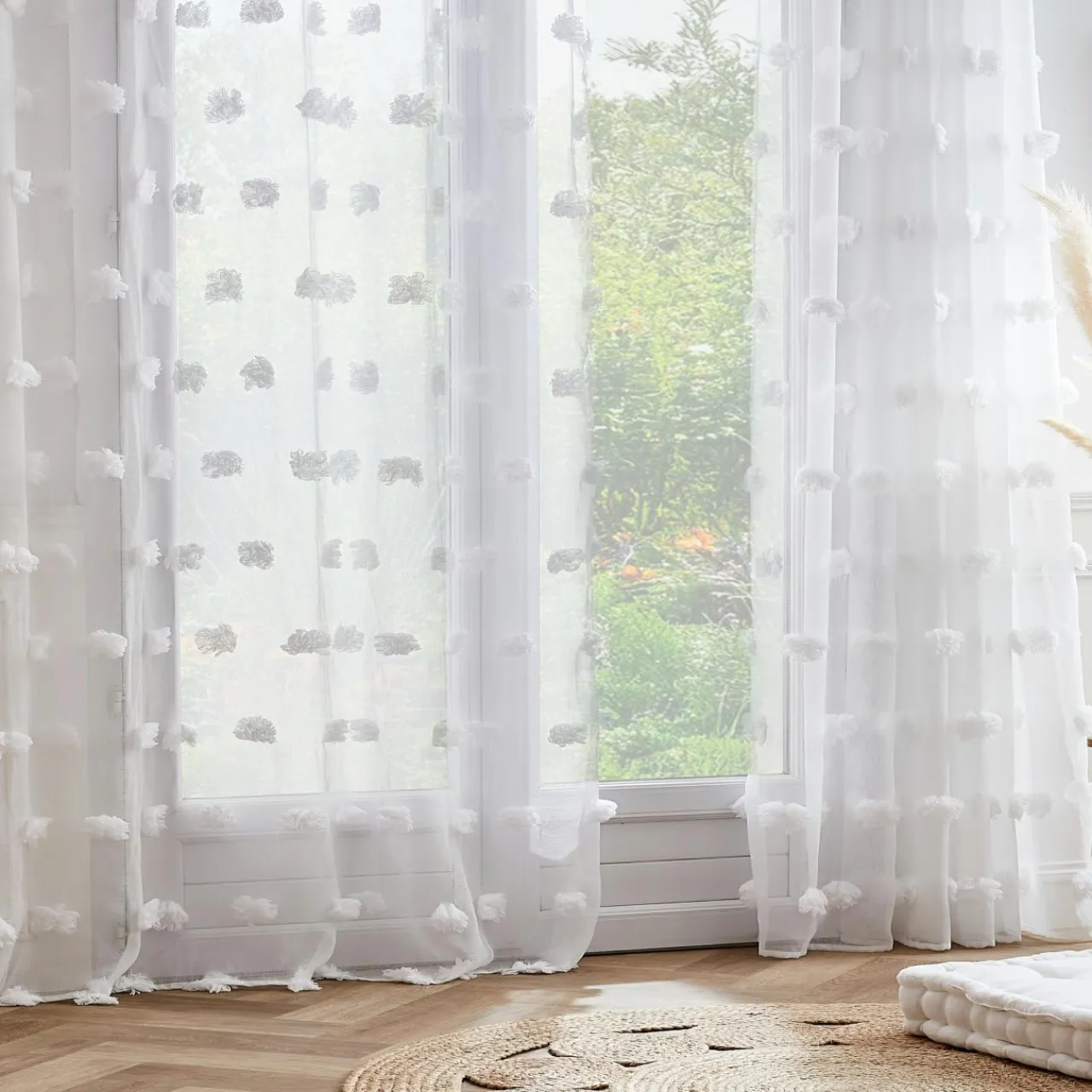 Voilage|EMINZA Voilage oeillets pompons (180 x 240 cm) Suzie Blanc