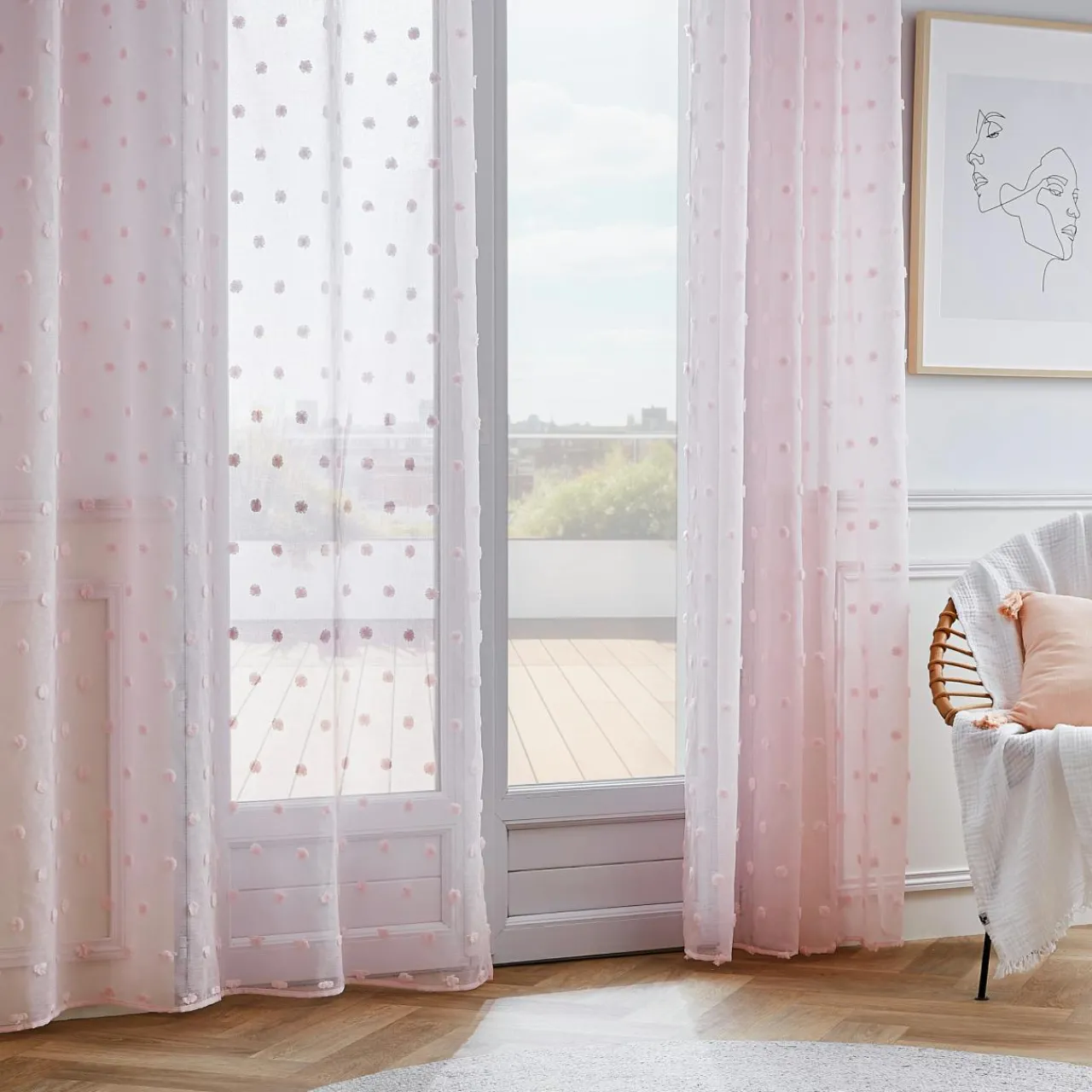 Voilage|EMINZA Voilage oeillets pompons (140 x 240 cm) Emie Rose