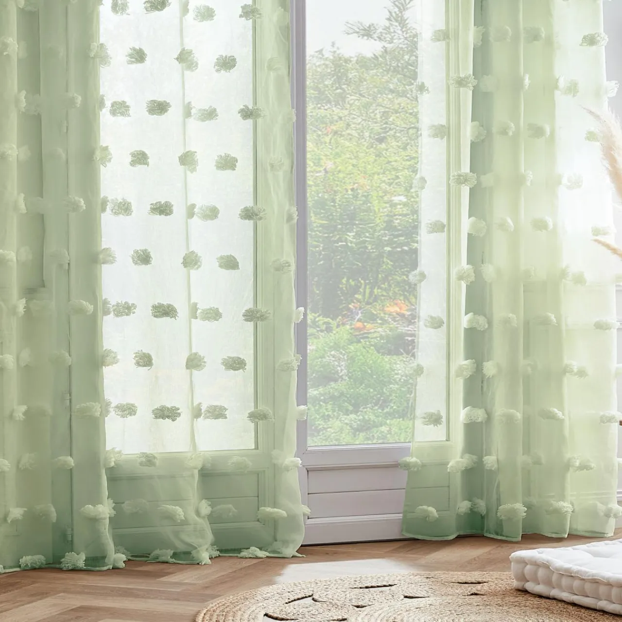 Voilage|EMINZA Voilage oeillets pompons (140 x 280 cm) Suzie Vert d'eau Vert d'eau